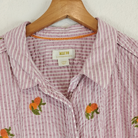 Anthropologie Maeve Embroidered Button down Shirt In Assorted Fruit Striped LG - Picture 6 of 15
